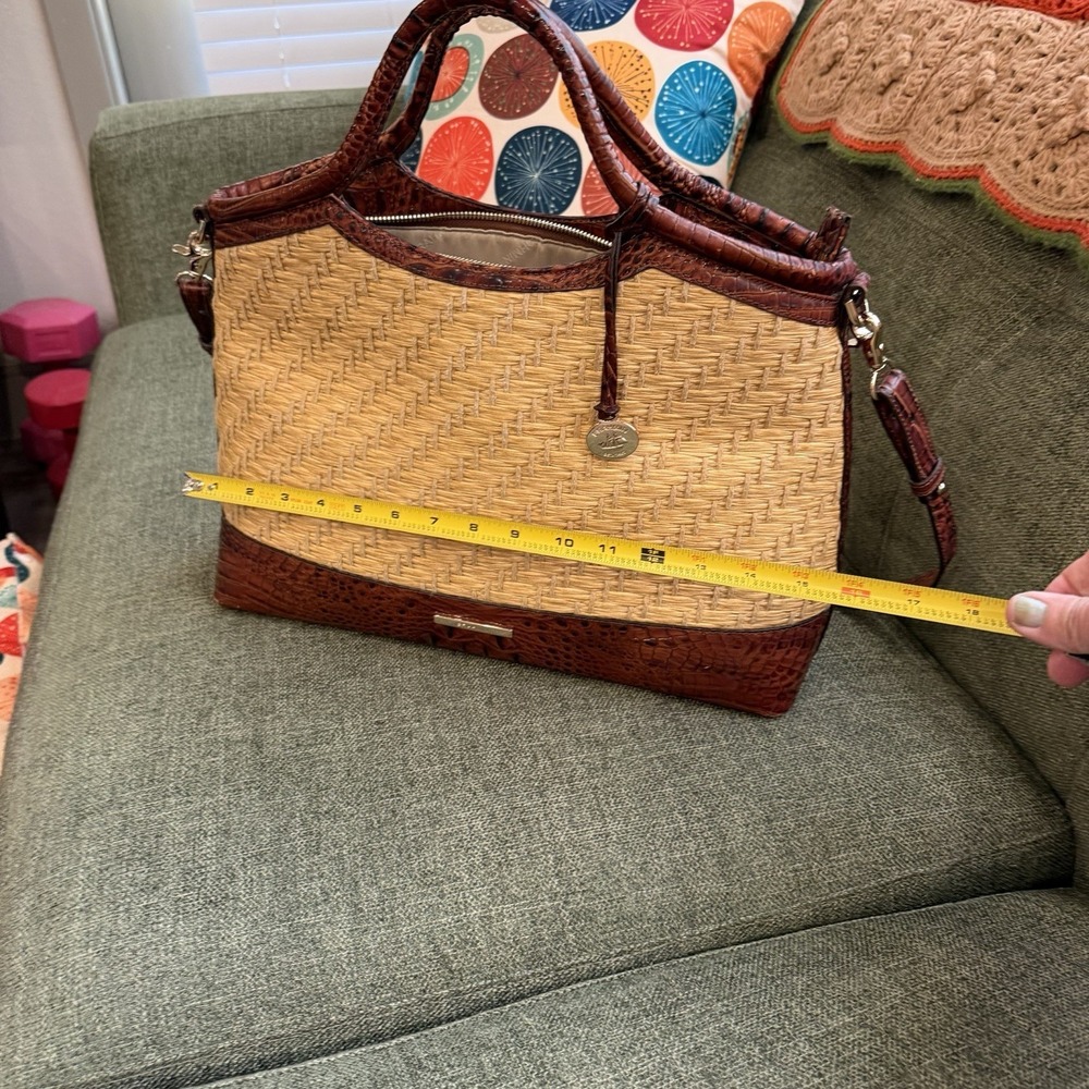 Brahmin Straw Raffia & Melbourne Embossed Leather Satchel Tote Brown Croc - Picture 3 of 13